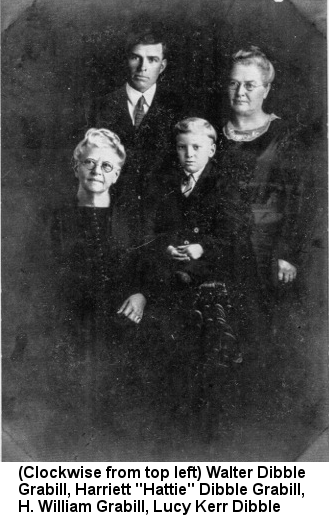 Black and white photograph of six young women: Caption reads '(Clockwise from top left) Walter Dibble Grabill, Harriet 'Hattie' Dibble Grabill, H. William Grabill, Lucy Kerr Dibble'